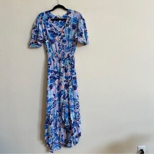 Abel The Label Blue Floral Flutter Sleeve High Low Midi Dress Size M